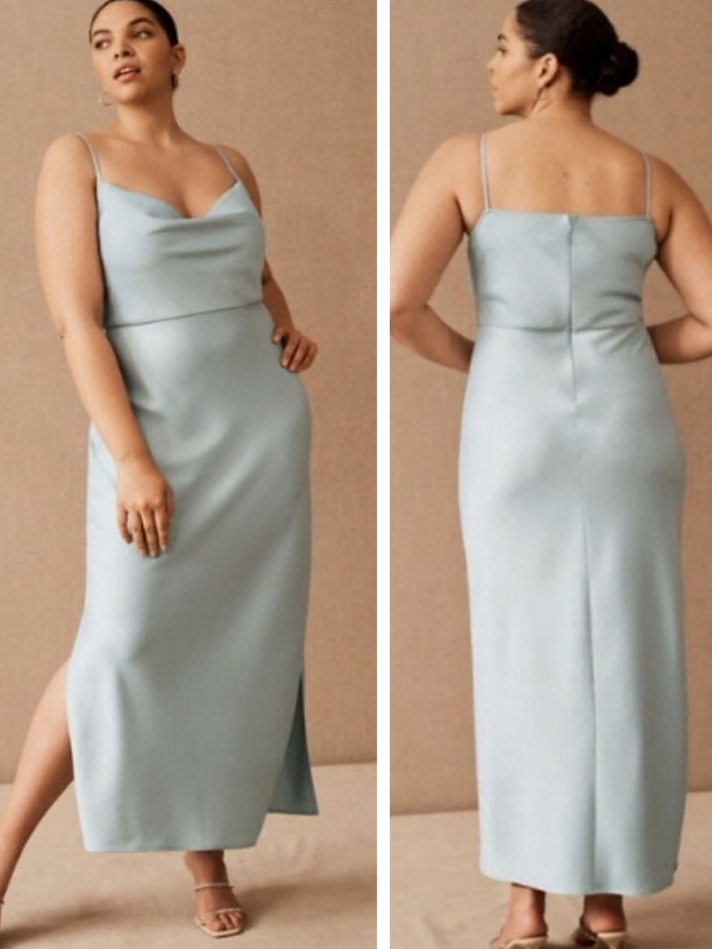 BHLDN Cali Satin Charmeuse Midi Cowl Neck Dress Light Blue Sz 20W Formal Evening